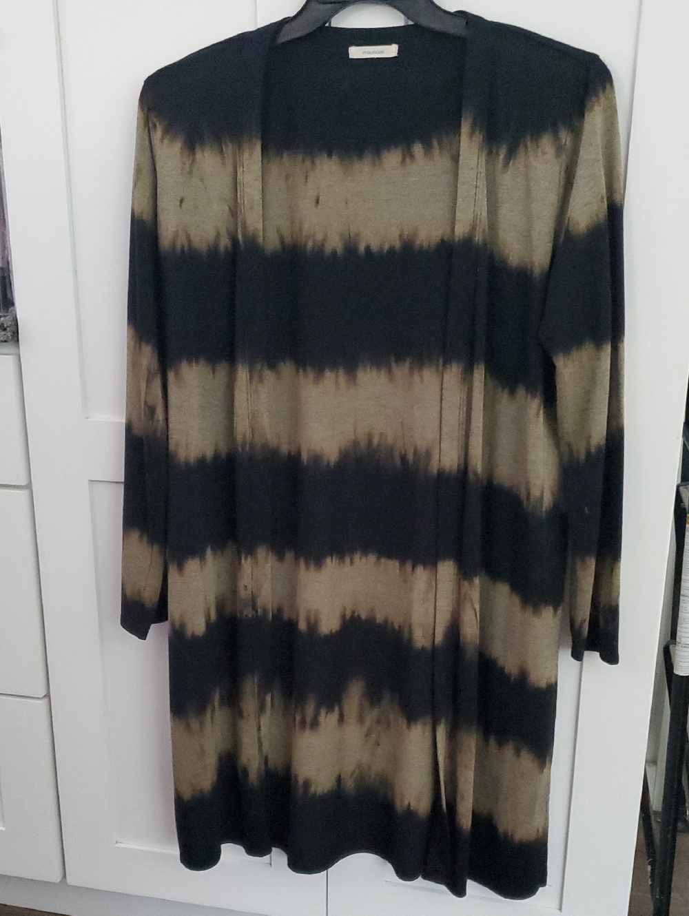 Striped Tie-Dye Open Front Cardigan in Black and Olive